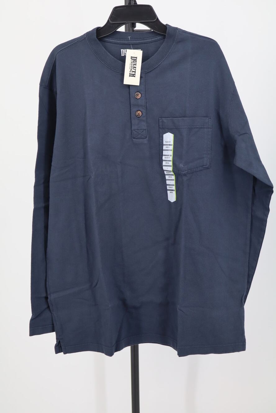 NEW Duluth Trading Co Longtail T Relaxed Long Sleeve Henley T Shirt Navy Blue L